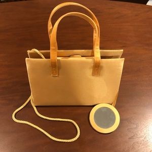 Vintage Satin Gold Mini Handbag With Attached Compact Mirror